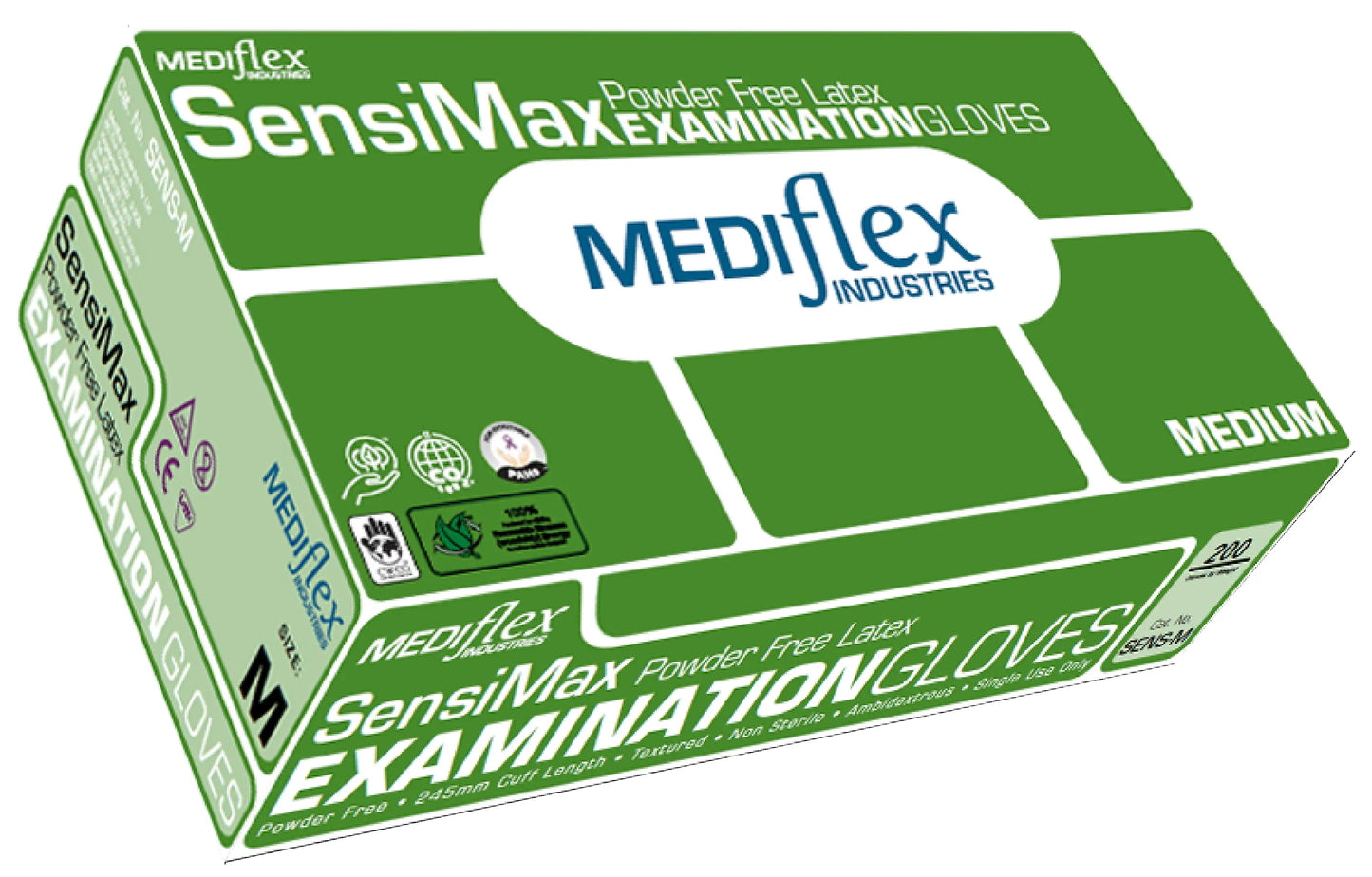Box of Mediflex SensiMax Examination Gloves Medium on a white background