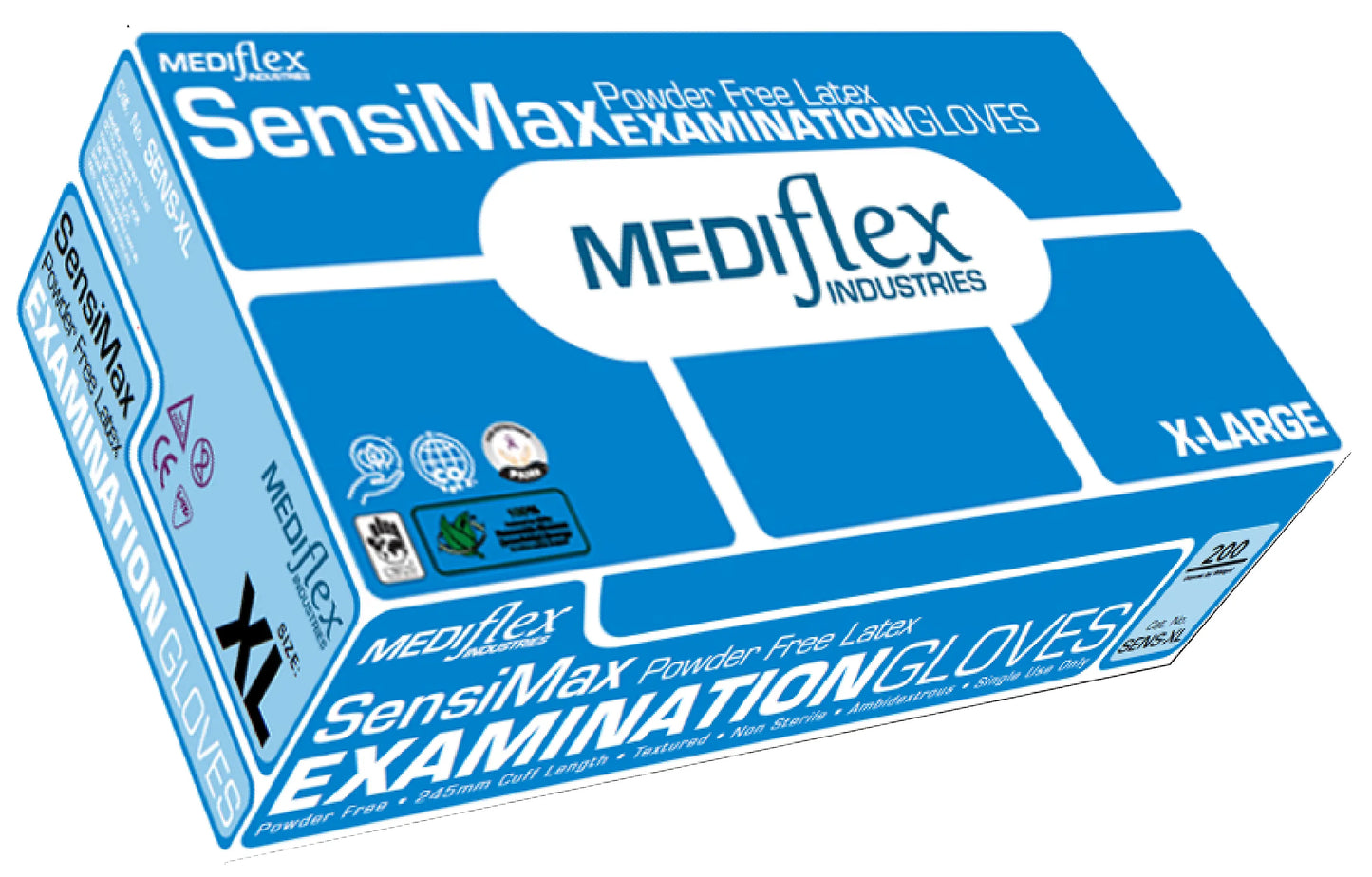 Box of Mediflex SensiMax powder-free latex examination gloves extra large on a white background