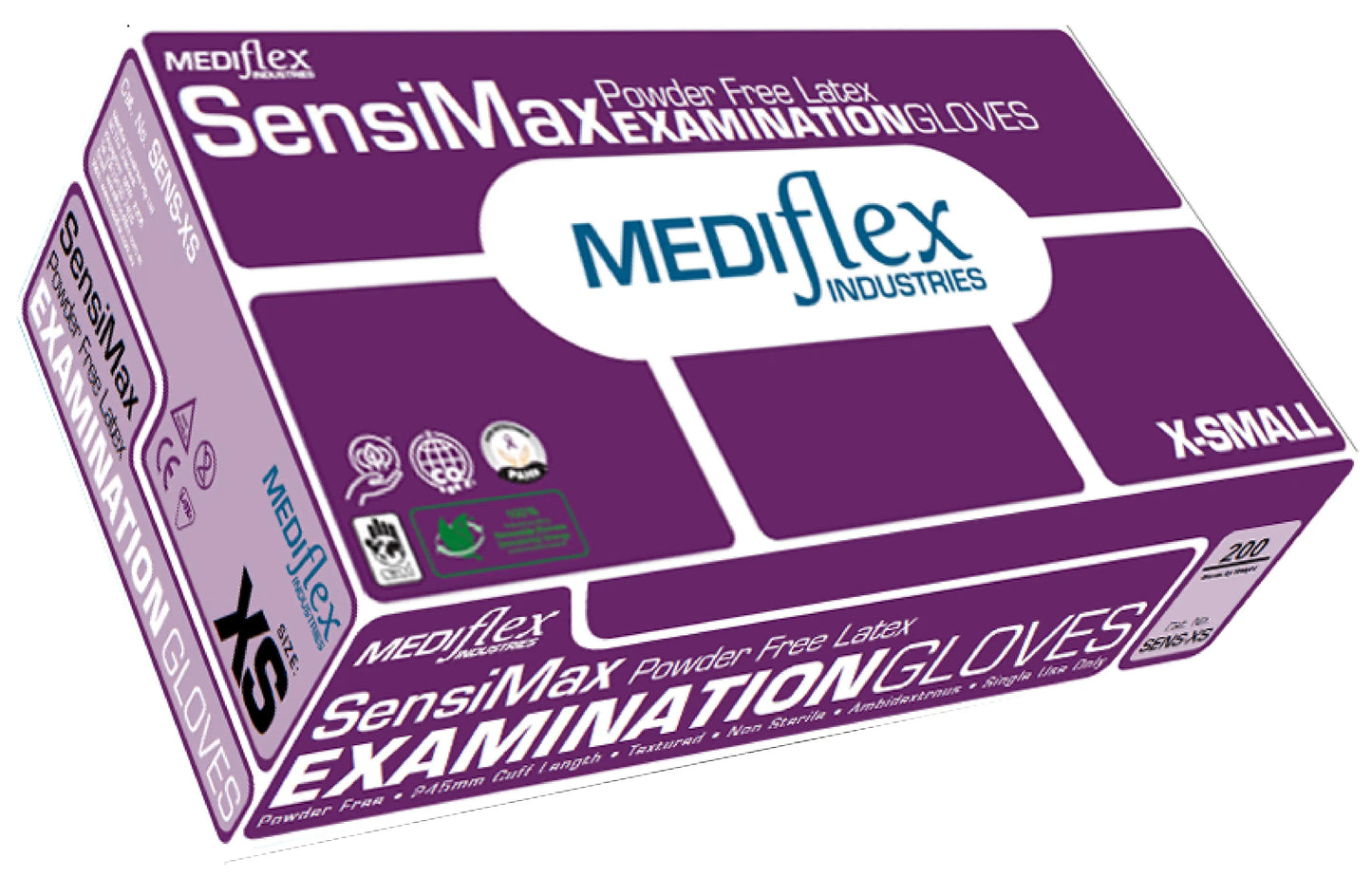 Box of Mediflex SensiMax examination gloves Extra Small on a white background