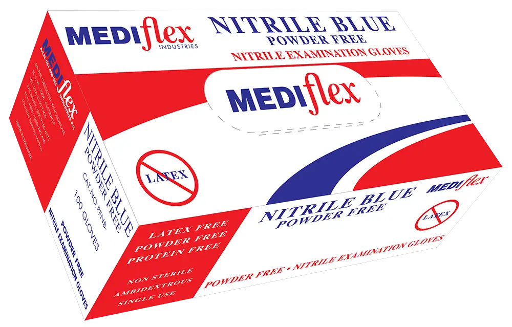 Box of Mediflex blue Nitrile gloves powder free by Nitrile Blue for medical and examination use