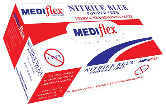 Box of Mediflex blue Nitrile gloves powder free by Nitrile Blue for medical and examination use