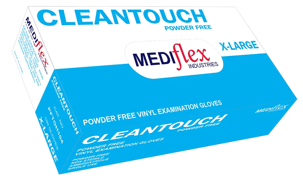 Mediflex Cleantouch extra-large powder free vinyl gloves box by Mediflex for examination use.