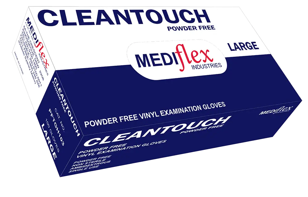 Mediflex Cleantouch large powder free vinyl gloves box by Mediflex for examination use.