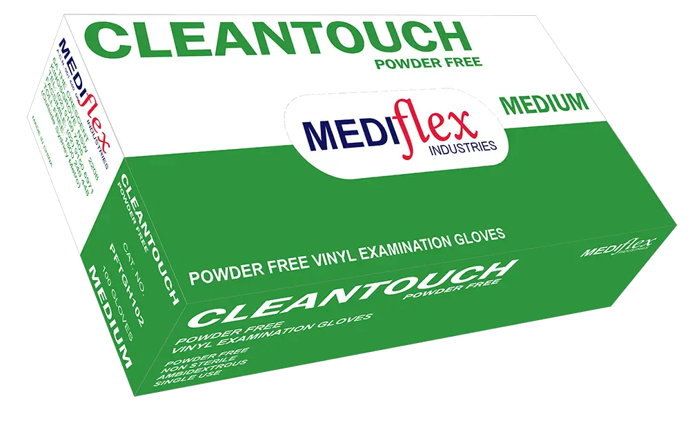 Mediflex Cleantouch medium powder free vinyl gloves box by Mediflex for examination use.