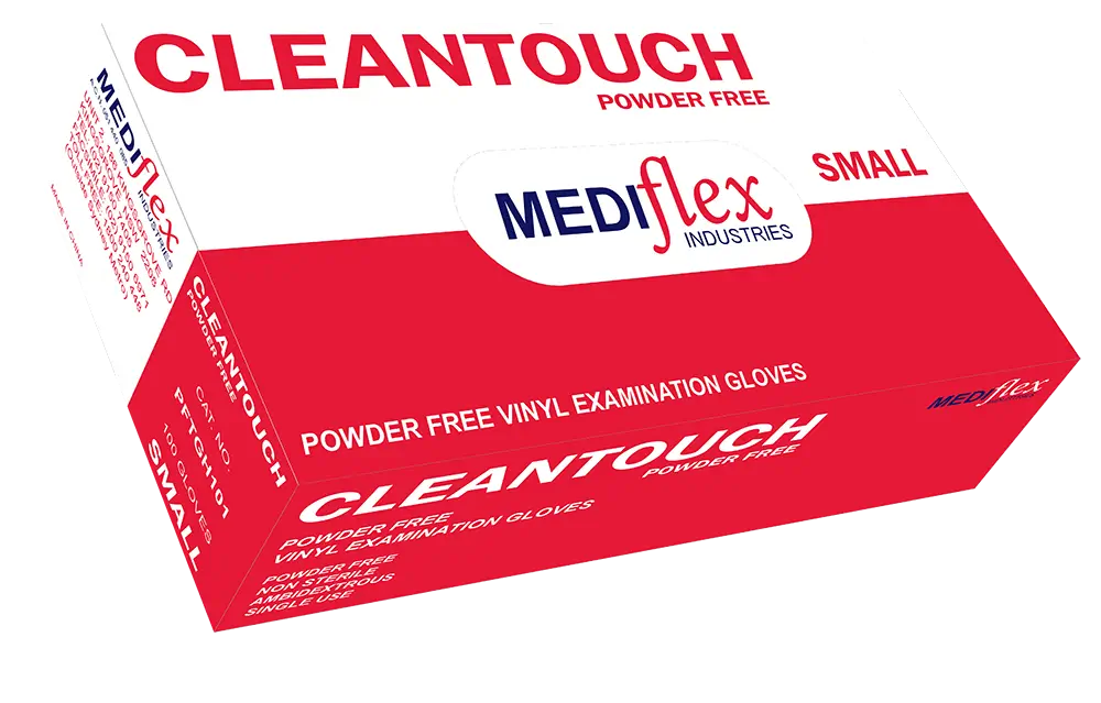 Mediflex Cleantouch small powder free vinyl gloves box by Mediflex for examination use.