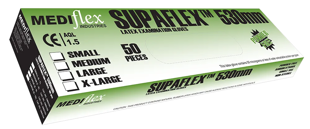 Box of Mediflex Supaflex gauntlet latex gloves 530mm length with 50 pieces in small size