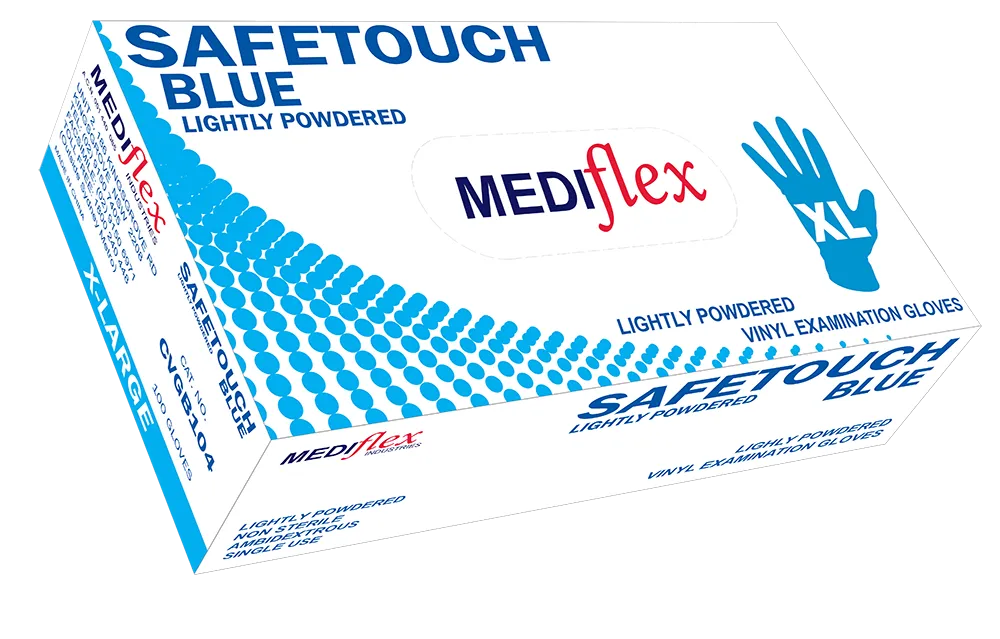 Mediflex Safetouch Blue lightly powdered blue vinyl gloves in extra-large size box for examination use