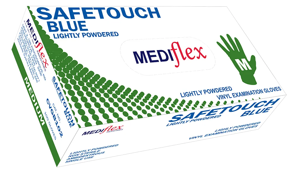 Mediflex Safetouch Blue lightly powdered blue vinyl gloves in Medium size box for examination use