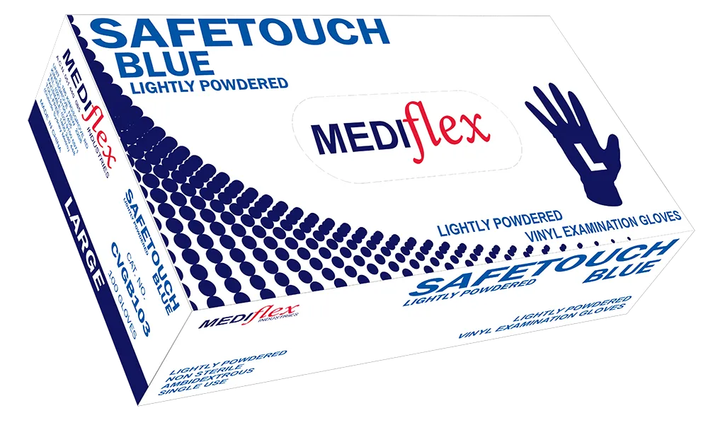 Mediflex Safetouch Blue lightly powdered blue vinyl gloves in large size box for examination use
