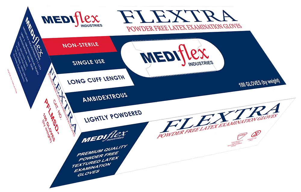 Mediflex Flextra powder free latex gloves box with 100 non-sterile single-use examination gloves