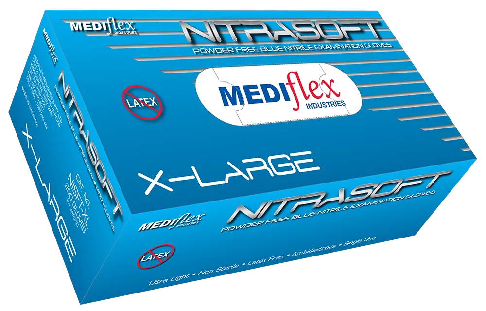 Nitrasoft extra-large powder free nitrile gloves by Mediflex in blue box for latex-free protection