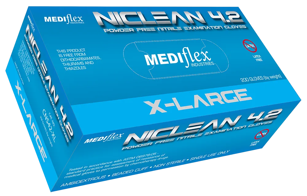 Niclean extra-large powder free nitrile gloves box by Mediflex with ambidextrous non-sterile gloves