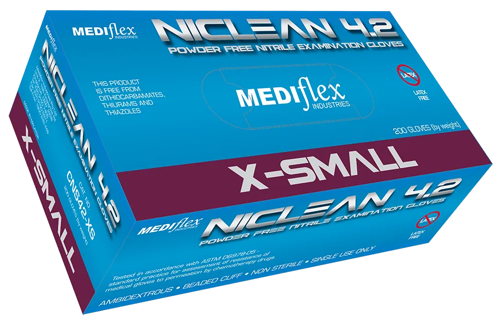 Niclean extra small powder free nitrile gloves box by Mediflex with ambidextrous non-sterile gloves