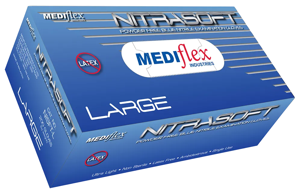 Nitrasoft large powder free nitrile gloves by Mediflex in blue box for latex-free protection
