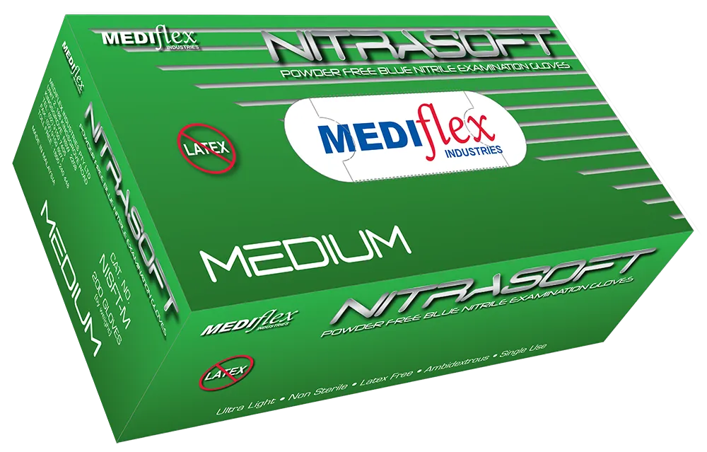 Nitrasoft medium powder free nitrile gloves by Mediflex in blue box for latex-free protection