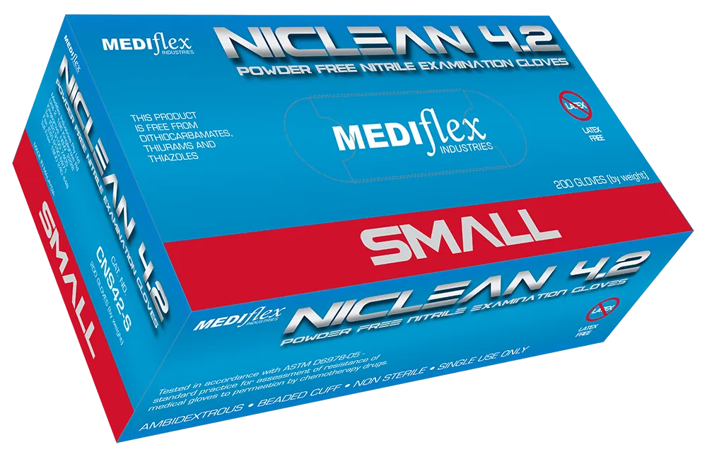 Niclean small powder free nitrile gloves box by Mediflex with ambidextrous non-sterile gloves
