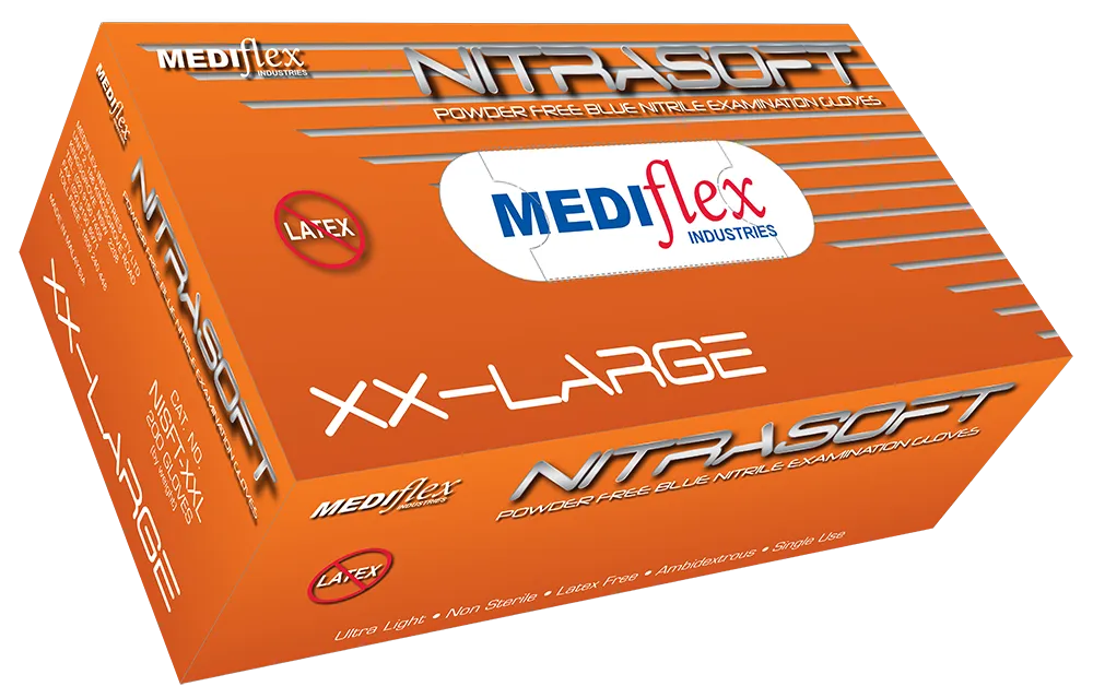Nitrasoft XX large powder free nitrile gloves by Mediflex in blue box for latex-free protection