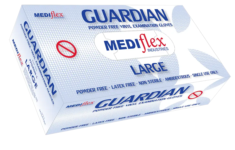 Mediflex Guardian powder free vinyl gloves box large size with latex free and ambidextrous features