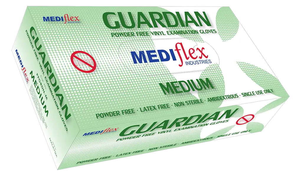 Mediflex Guardian powder free vinyl gloves box medium size with latex free and ambidextrous features