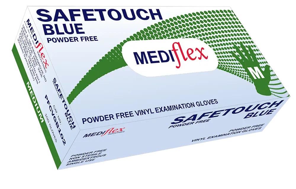 Mediflex Safetouch Blue PF powder free vinyl examination gloves blue in Medium size box