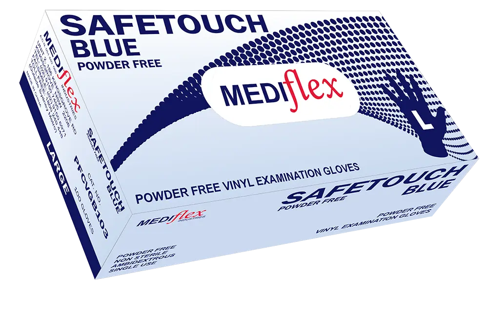 Mediflex Safetouch Blue PF powder free vinyl examination gloves blue in Large size box
