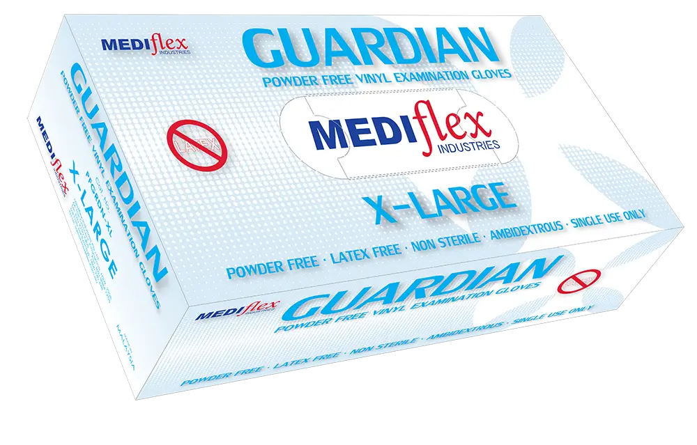 Mediflex Guardian powder free vinyl gloves box x- large size with latex free and ambidextrous features