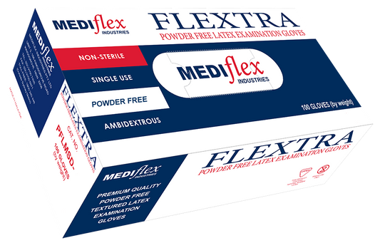 Boxes of MEDIflex Industries Flextra powder-free latex examination gloves on a white background