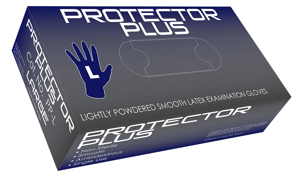 Mediflex Protector Plus lightly powdered latex gloves box showing size large and smooth examination gloves