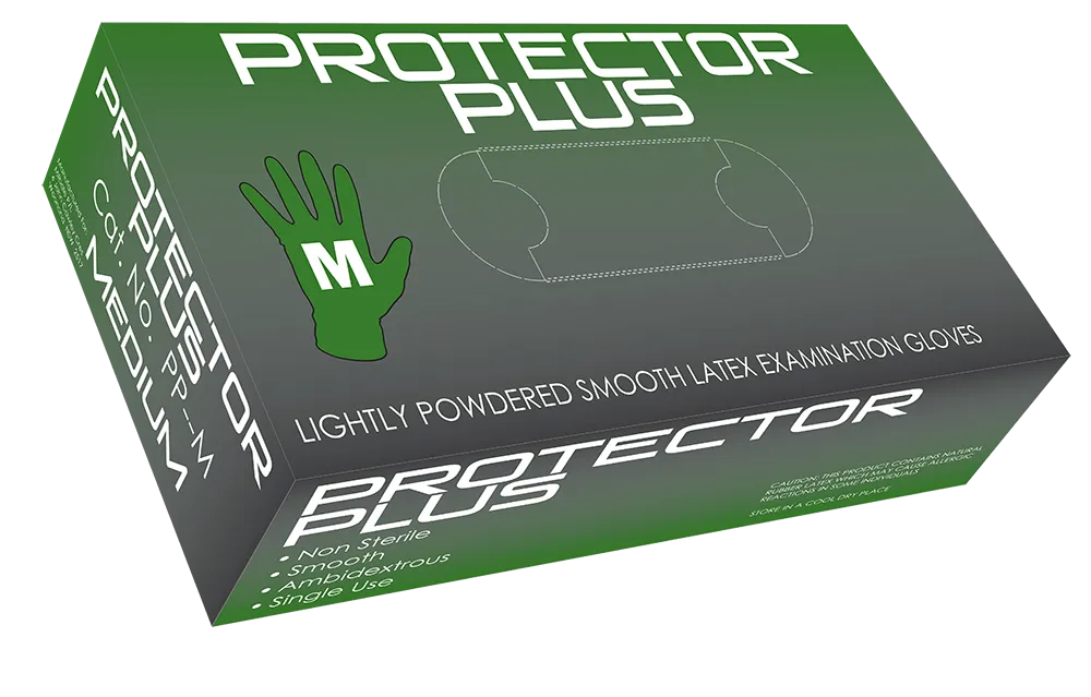 Mediflex Protector Plus lightly powdered latex gloves box showing size medium and smooth examination gloves