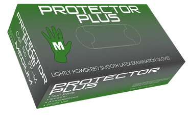 Mediflex Protector Plus lightly powdered latex gloves box showing size medium and smooth examination gloves