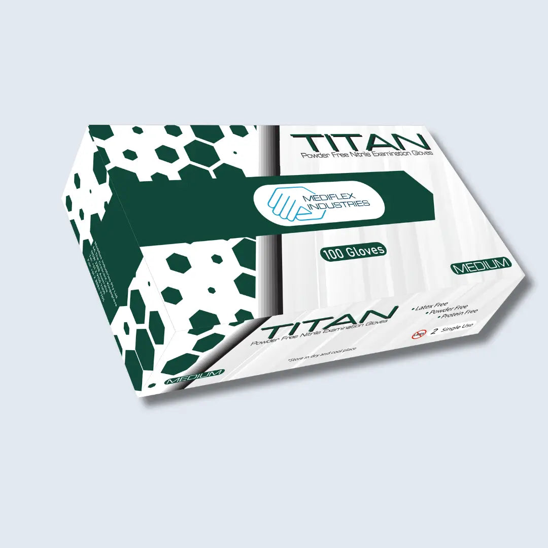 Titan box of powder free blue nitrile gloves containing 100 medium size gloves