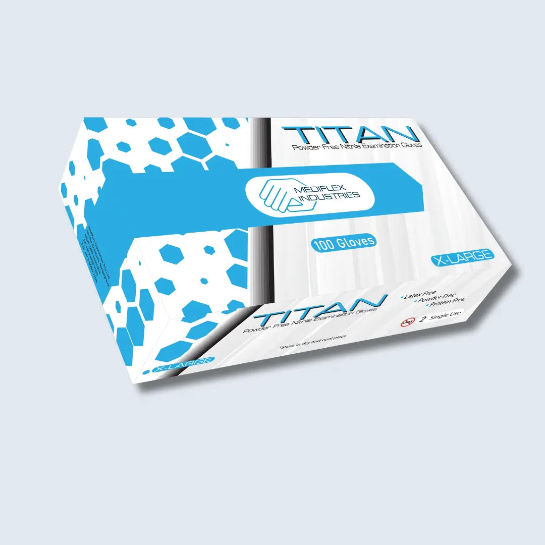 Titan box of powder free blue nitrile gloves size XL with 100 disposable gloves