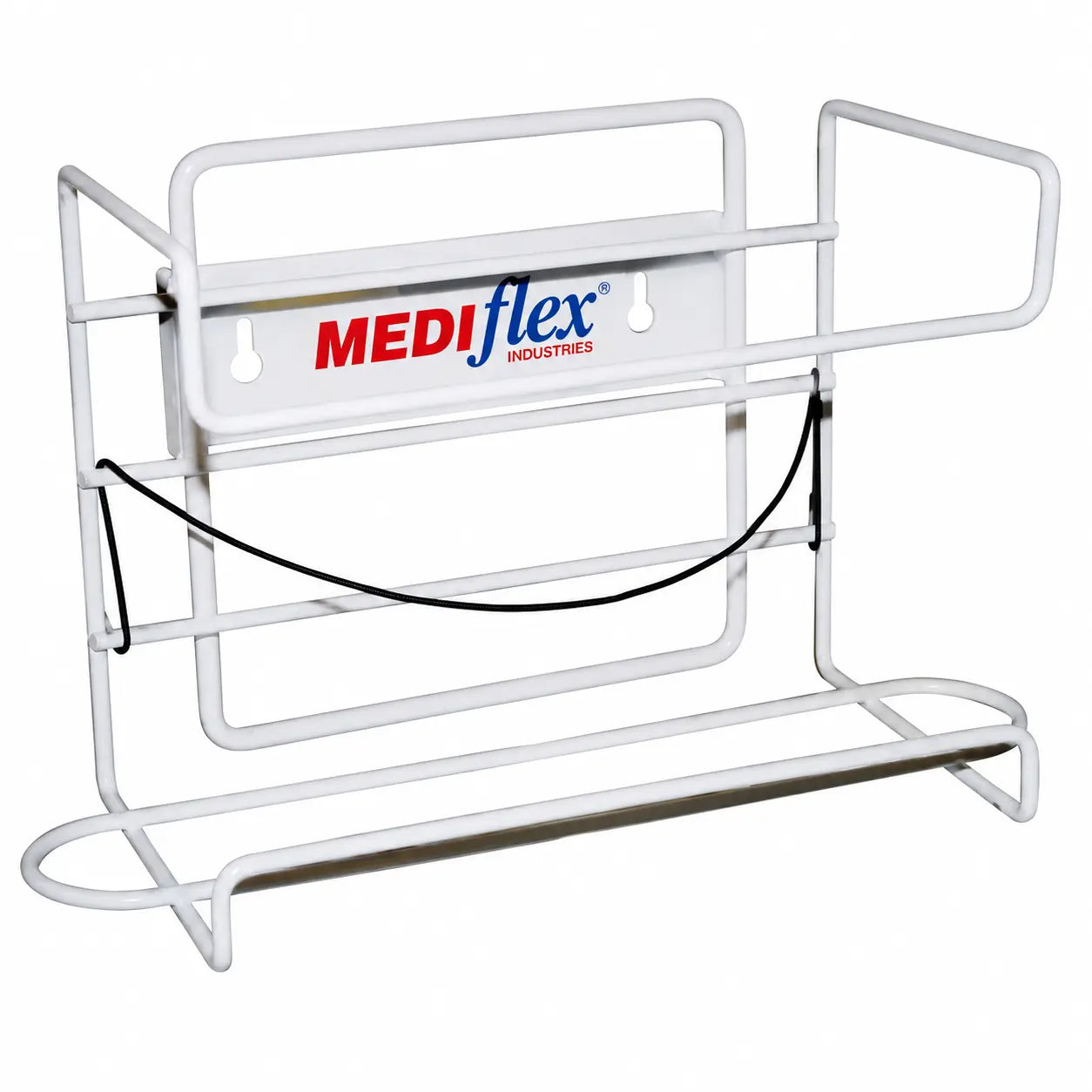 A white powder-coated steel wire basket glove box holder mounted on a wall, showcasing a clean and organized storage solution for hospitals.