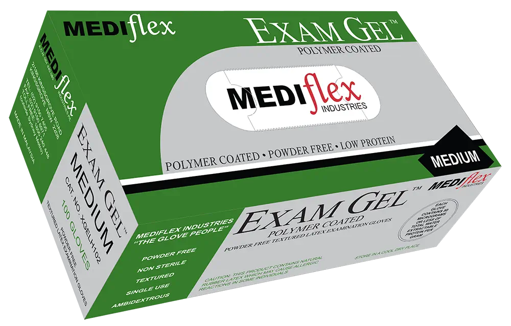 Box of MEDIflex latex Exam Gel Medium gloves with green and white design