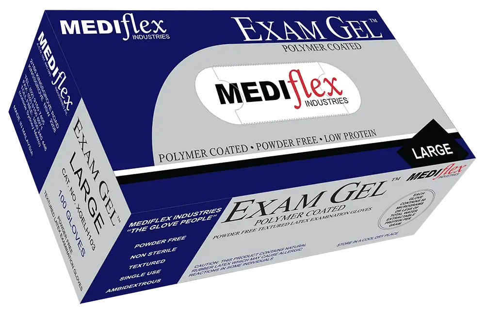 Box of MEDIflex Exam Gel latex gloves on a white background