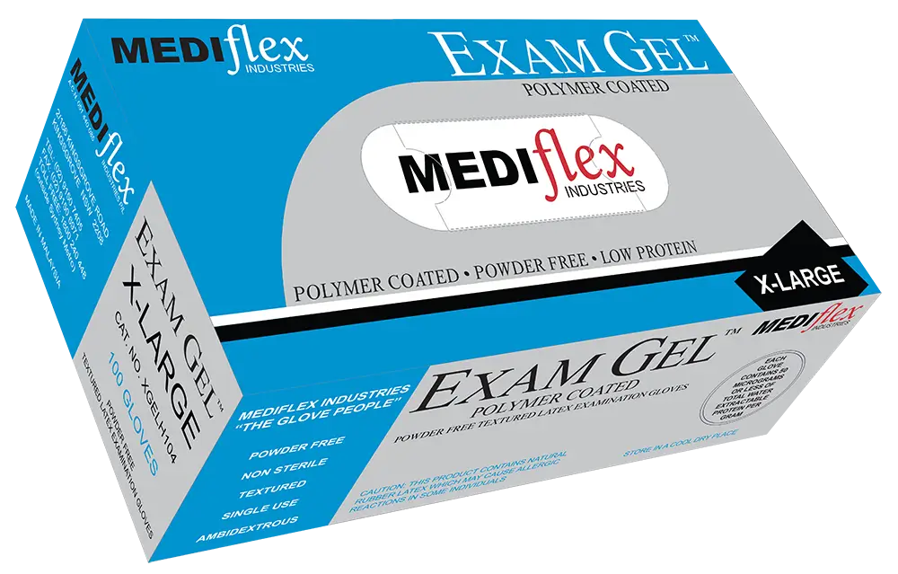 Box of MEDIflex Exam Gel latex extra large gloves on a white background