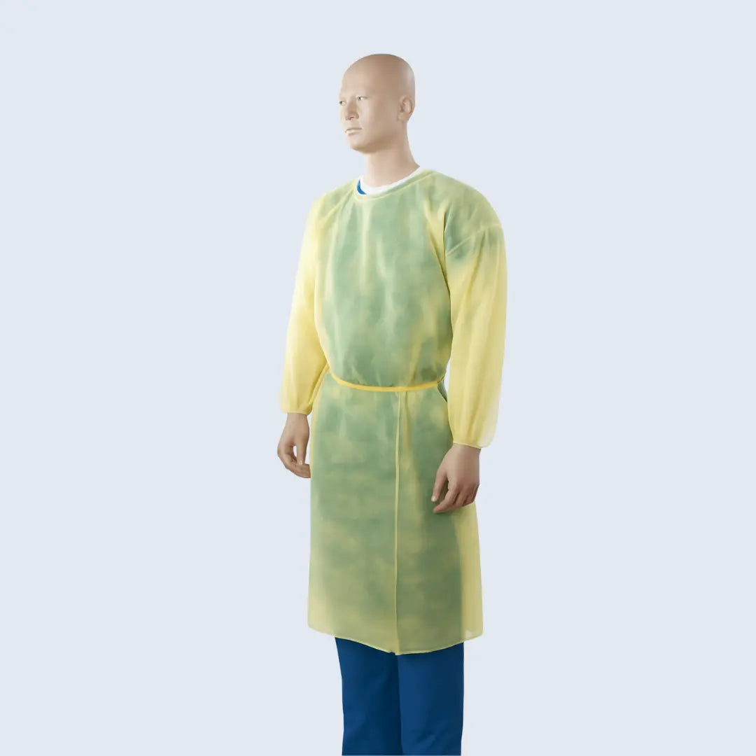 Mediflex yellow disposable isolation gowns worn on mannequin for protective medical use