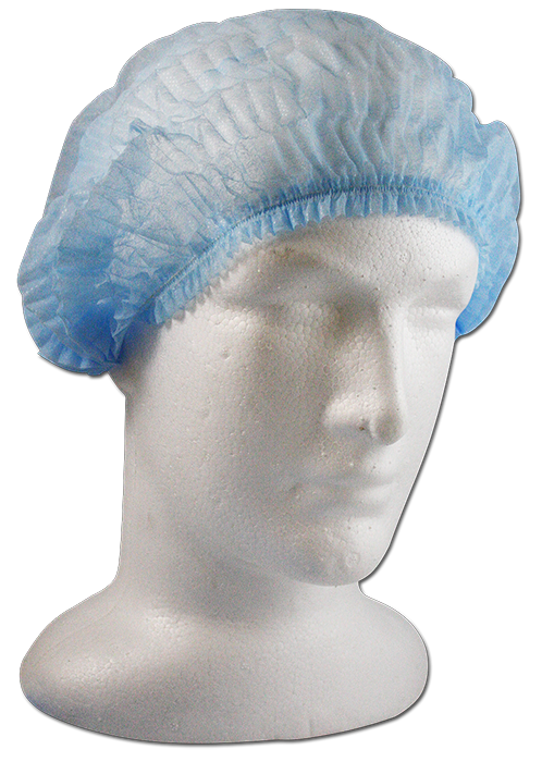 Mediflex disposable crimp cap in light blue worn on mannequin head for hygiene protection