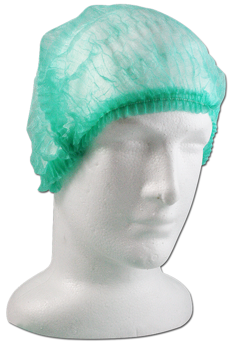 Mediflex disposable crimp cap in green worn on mannequin head for PPE use
