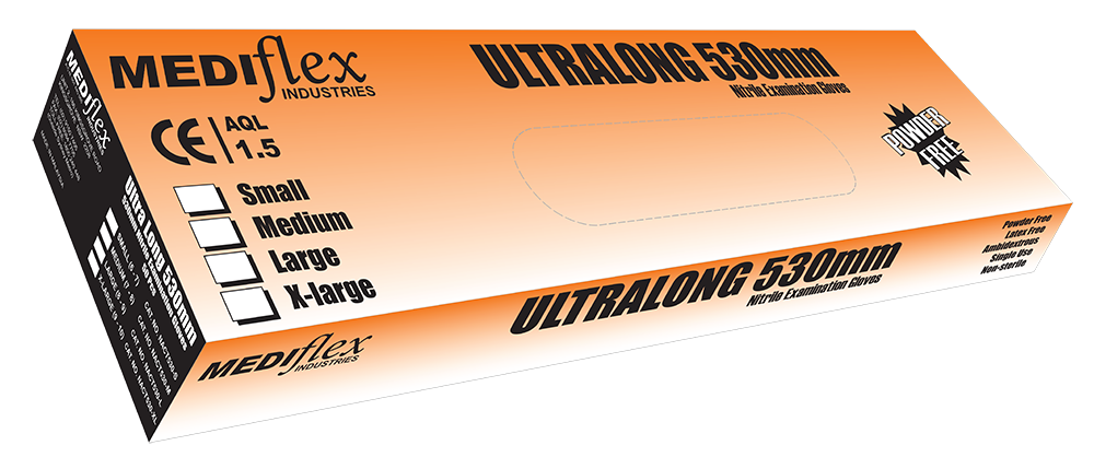 Ultralong 530mm powder free nitrile gauntlet gloves box by Mediflex in orange and black packaging