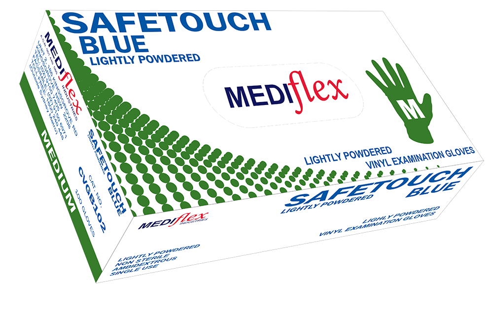 Safetouch Blue L P vinyl gloves box containing lightly powdered blue vinyl gloves for medical use