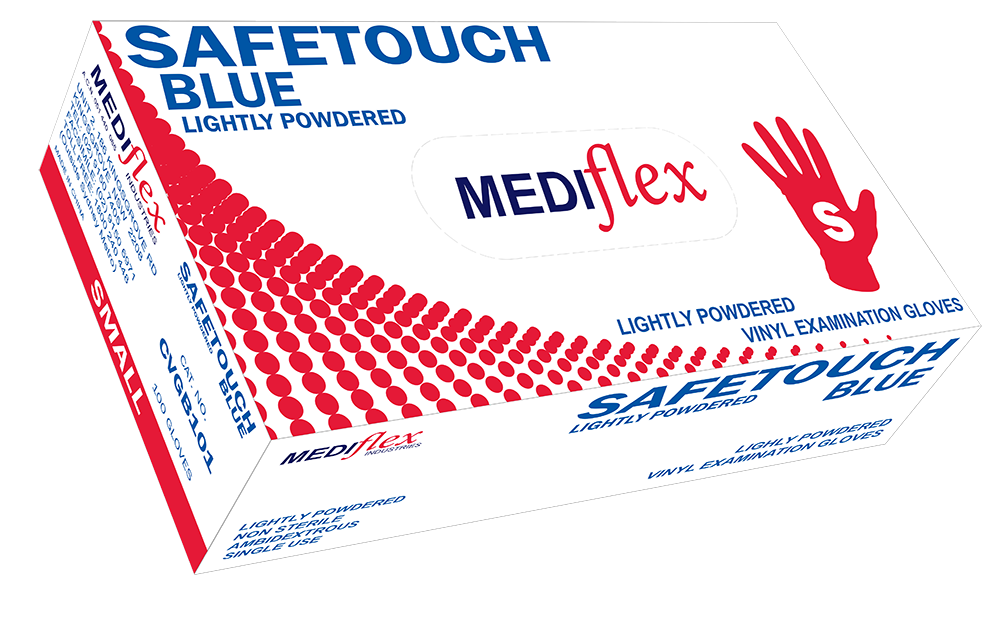 Safetouch Blue lightly powdered blue vinyl gloves in small size box for examination use