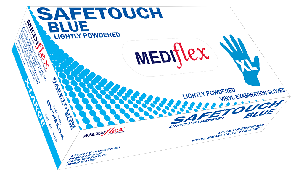 Safetouch Blue lightly powdered blue vinyl gloves in XL size box by Mediflex