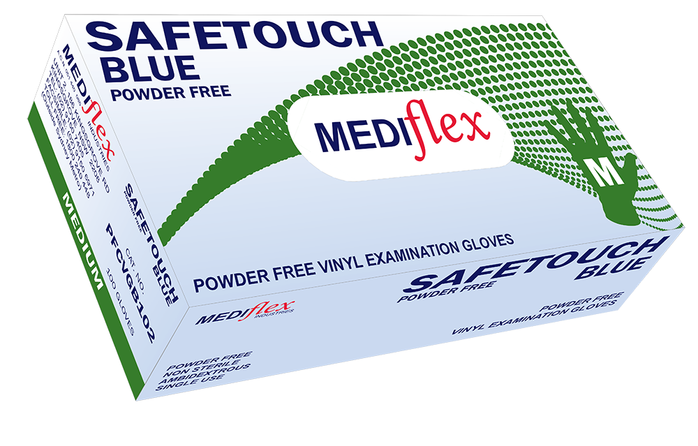 Safetouch Blue PF powder free vinyl examination gloves blue in medium size box