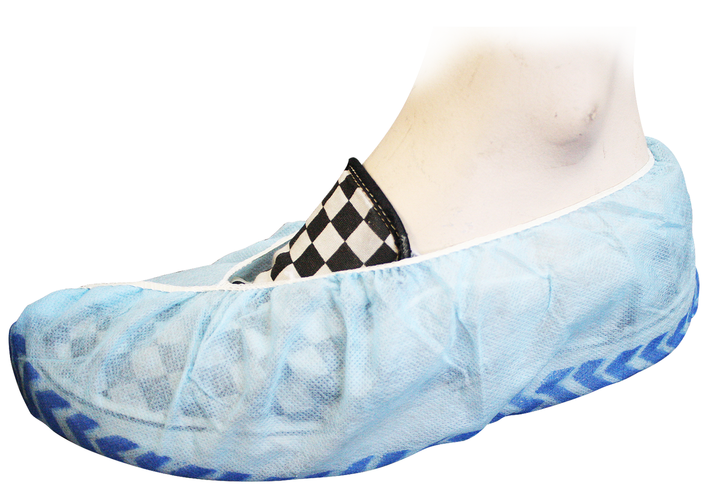 Mediflex non-slip shoe covers PPE in blue worn on checkered slip-on shoe for safety