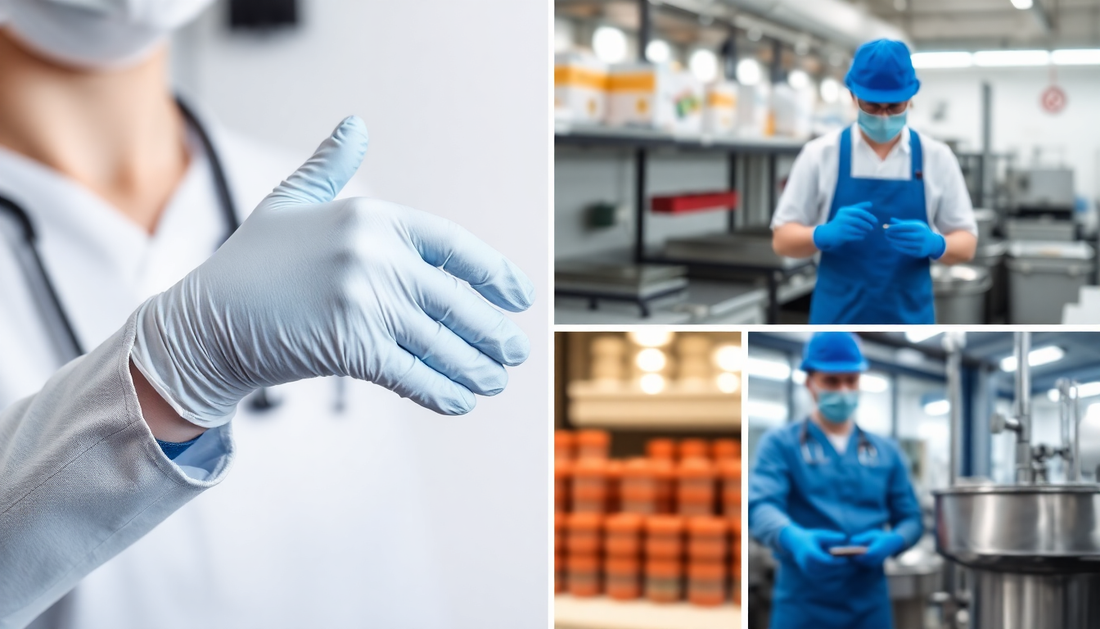 Workers wearing disposable gloves in various industrial and medical settings ensuring safety and hygiene