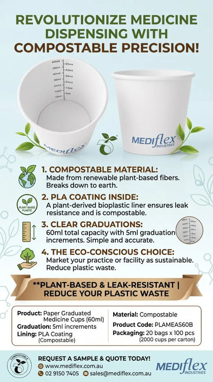 An infographic banner for the Mediflex Medicine Dispensing Set, showing two white PLA coated paper cups with measurement markings and a PLA liner, accompanied by product details, environmental benefits, and contact information.