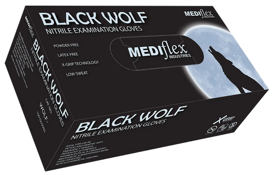 Box of Mediflex Black Wolf Nitrile Examination Gloves  on a white background