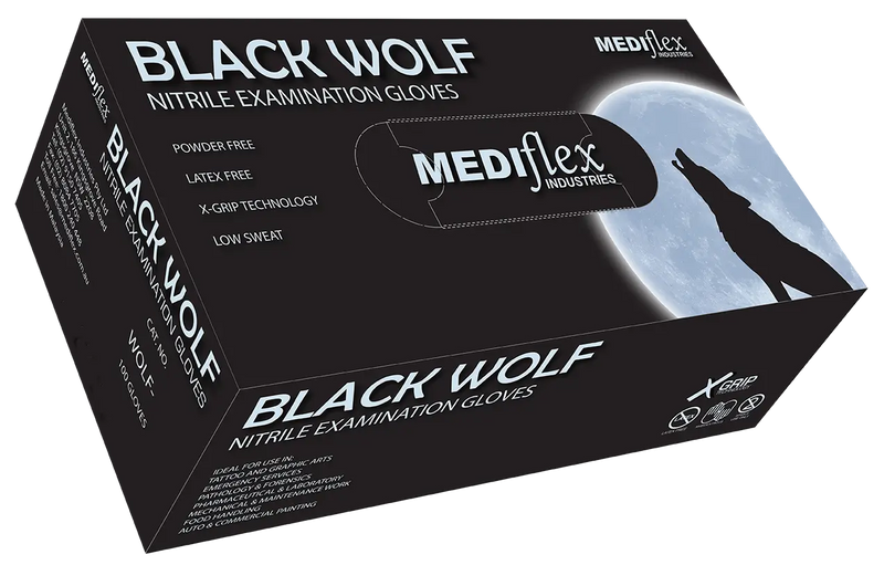 Box of Mediflex Black Wolf Nitrile Examination Gloves  on a white background