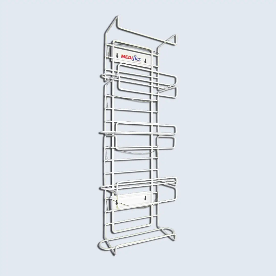 Metal display rack with 'Mediflex' branding on a light gray background